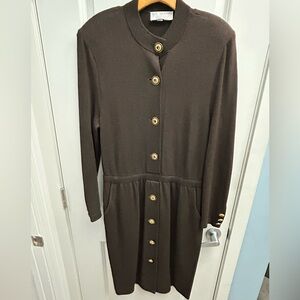 St. John Collection Brown Santana Knit Long Sleeve Dress with Gold Buttons